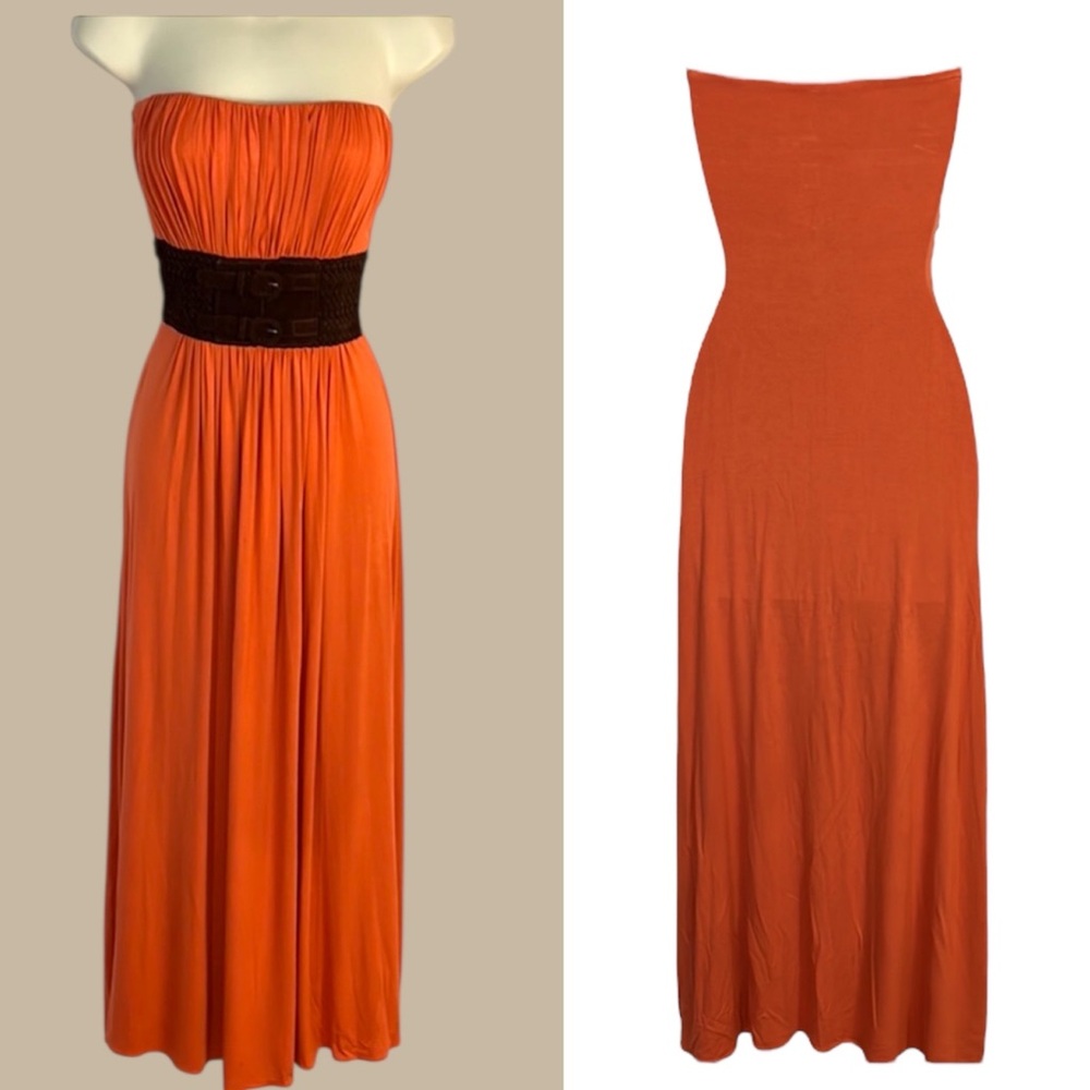 Sky Orange Maxi Dress with Brown Belt